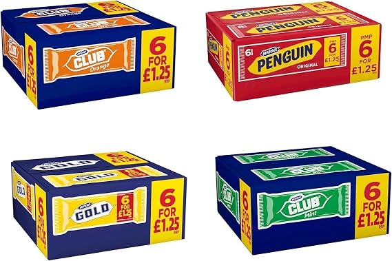 6 x 6 Milk Chocolate Biscuit Bars Multipack, Gold, Club Mint, Club Orange, Penguin (Full box) (Gold) Delicious Tasty And Twisty Treat