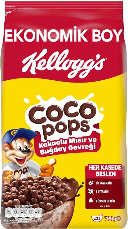 Kellogg's Coco Pops Çikolatalı Buğday ve Mısır Gevreği 700 gr, Lif, Demir ve 6 Vitamin Kaynağı, %100 Pancar Şekeri, D vitamini, Kalsiyum, Folik Asit ve Demir İçerir
