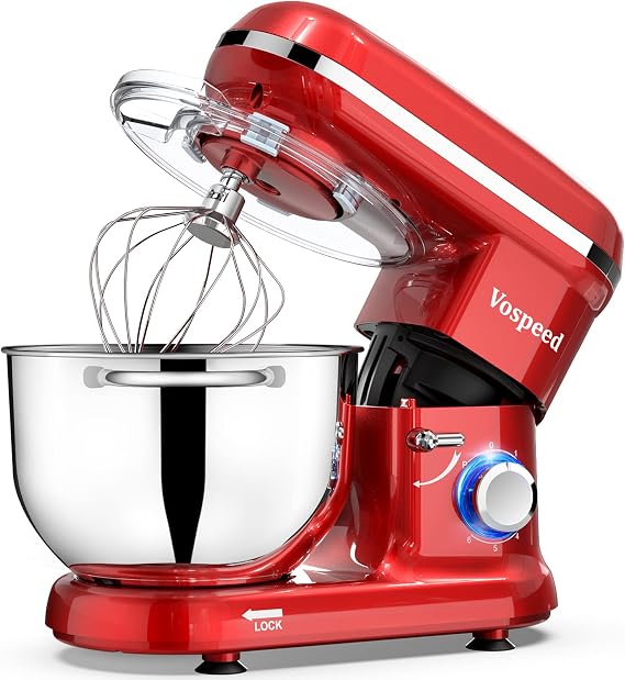 Vospeed 1500 W Mixer, Bread Kneader for Pastries 6.2 L, Stainless Steel Bowl, Whisk Rods, Kneading Rods (Red)