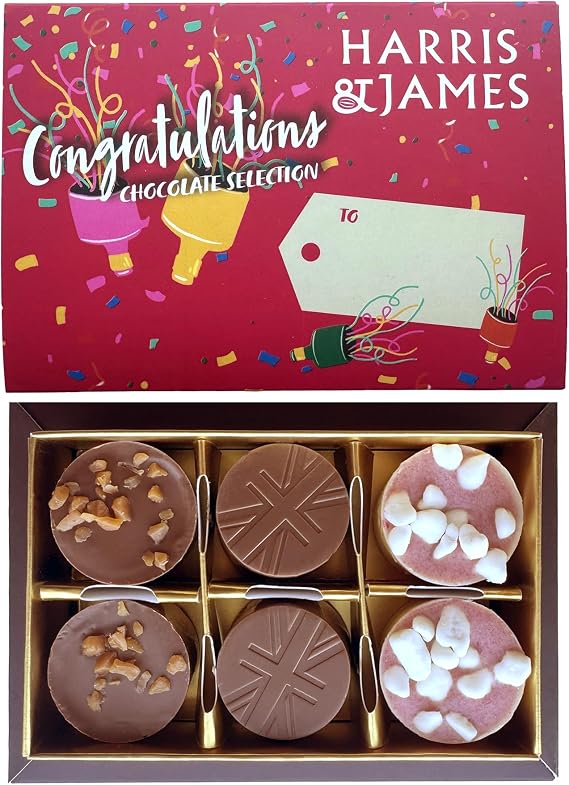 HARRIS & JAMES - Congratulations Gift Box (6 Pack) Filled With Milk and White chocolate Truffles. Handcrafted Chocolate In Three Flavours Eton Mess, Salted Caramel & Biscuit Royal.