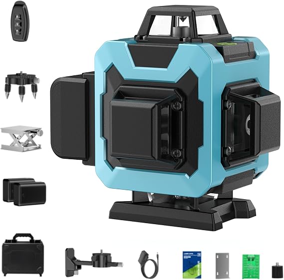 16ラインレーザーレベル360セルフレベリング、4x360°プロフェッショナル4Dグリーンクロスラインレーザーレベル、バッテリー2個付き、明るさ調整&リモートコントロール、タイルフロア構造と写真吊り下げ用