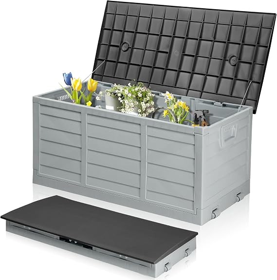 280L Foldable Garden Storage Box With Strapped Lid, Grey&Black