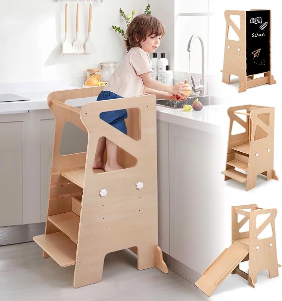 Labebe Montessori Learning Tower for Children, Learning Tower with Slide, 3-in-1 Adjustable Heights Learning Tower with Chalkboard, Multifunctional Children's Learning Chair, Step Stool for Kitchen