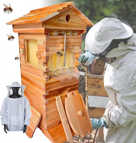 Flow Hive Beehive Starter Kit, Features 4 Auto Honey Frames & 6 Brood Frames, Durable Wooden Complete Beekeeping Beehive, Honey Easy Harvesting