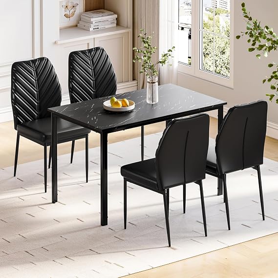 Dining Table and Chairs Set of 4, Modern Dining Table Set Kitchen Furniture, Marble Effect Dining Table with 4 PU Dining Chairs, 120x70cm Dining Room Set for Home (Black&Black Leaf Pattern Chairs)