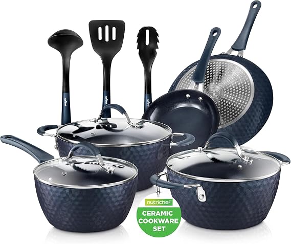 NutriChef Pots and Pan Set 11 Pcs, Non Stick Cookware Set, with Saucepan Frying Pans, Cooking Pots, Lids, Handles – Induction hob, Blue Diamond
