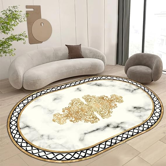 Oval Non-slip Washable Area Rugs Floor Mats, Luxury White Golden Marble Soft Oval Anti-Slip Area Carpet Large Home Decorator Floor Carpet, 120 X 160 CM