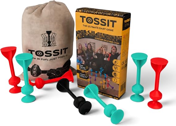 TOSSIT Suction Cup Darts, Toss Game Perfect Family and Party, Silicone Throwing Game for Backyard, Indoor and Outdoor Fun, Starter Pack, Red Cyan