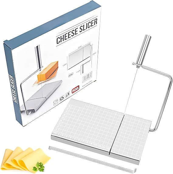 Replaceable Wire Cheese Slicer, Stainless Steel Cheese Cutter with Board and Measuring Grid, Dishwasher Safe, for Block Cheese and Butter with 6 Extra Thick Wires