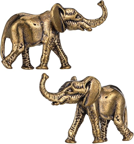 Veemoon 2pcs Brass Elephant Figures, Small Elephant Table Ornament Vintage Mini Fengshui Decor Lucky Small Statue Gold Collectible Crafts Animal for Home Office Party Favor