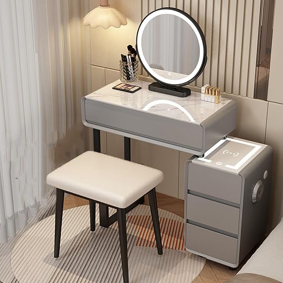 Smart Dressing Table with Wireless Charging/Bluetooth Speaker, Make Up Tables with 3-Color LED Light Mirror, Stool and Side Cabinet for Bedroom Makeup/Vanity Desk Grey,70cm/27.5in