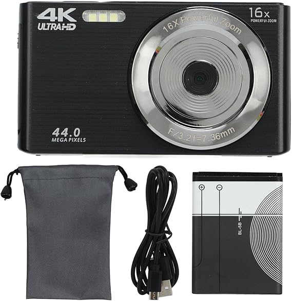 Digital Camera, 16X Zoom 4K 44MP HD Camera 2.8in Screen Shockproof Vlogging Camera Portable Mini Camera Compact Camera for Photography (Black)