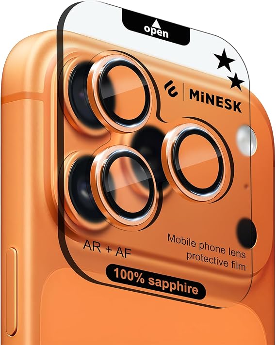 Minesk iPhone 17 Pro / 17 Pro Max / 16 Pro / 16 Pro Max ile Uyumlu%100 Orijinal Gerçek Safir Cam Cihazın Kendi Lensleri ile Aynı Kalitede Lens Koruyucu Kamera Camı (Kozmik Turuncu)