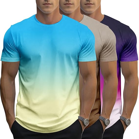 3 Pack Men's Gradient Color T-Shirt, Short Sleeve Crewneck, Summer Short Sleeved Round Neck Gradient T-Shirt