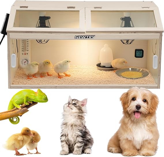 NEWTRY Chicken Brooder Box Intelligent Sliding-Door Chick Feeding Box with 3 Heating Lamp, 1 Temp Controller, 2 Types of Thermometer up to 25 Chicks Quail Birds