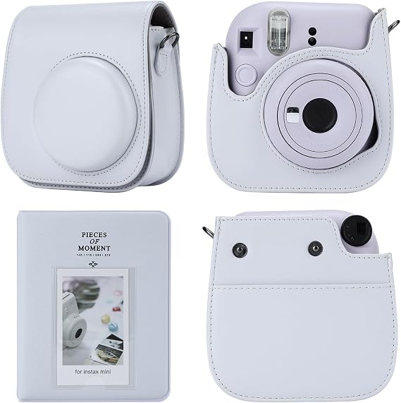 Camera Case Compatible with Fujifilm Instax Mini 12 11 9 8 Instant Camera, PU Leather Carrying Bag with 64 Pockets 2 x 3 Mini Photo Album. (White)