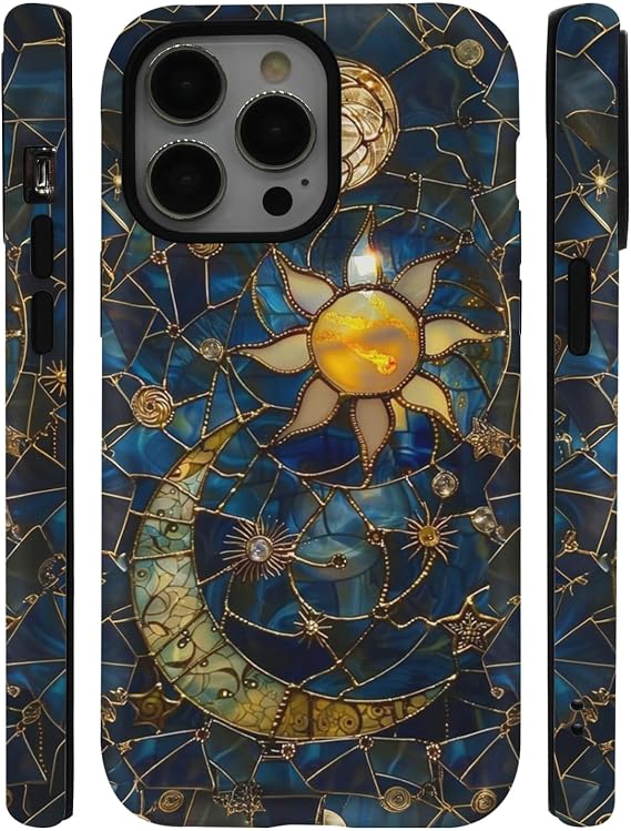 天空の太陽と月 ステンドグラスフォンケース、iPhone 14 Pro Max用耐衝撃保護カバー