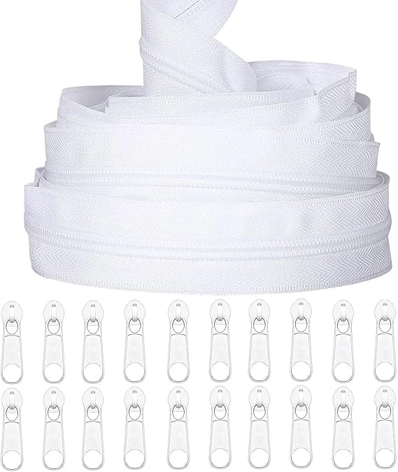 TBACW 5 Yards Bulk Zipper, #5 Zippers for Sewing, #5 Black Nylon Coil Zipper by The Yards, Replacement with 20PCS Sliders for DIY Sewing Craft Bags (White)
