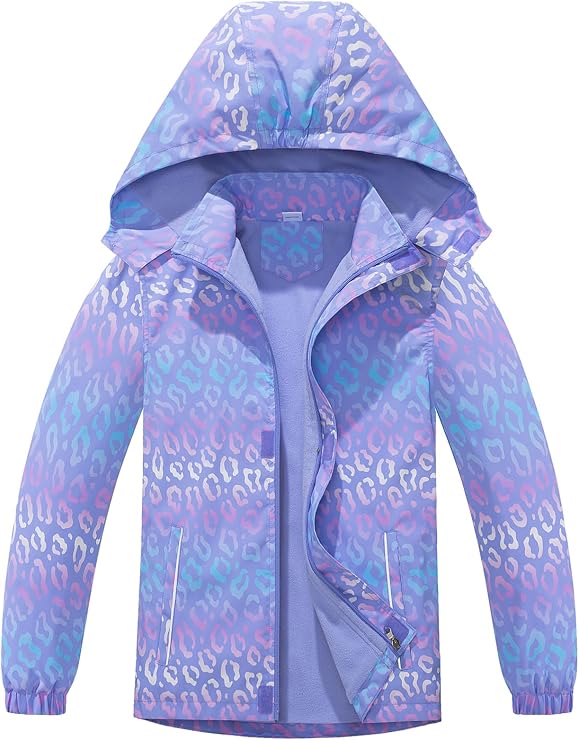 Girls Waterproof Jacket Kids Fleece Lined Windbreaker Raincoat with Removable Hood