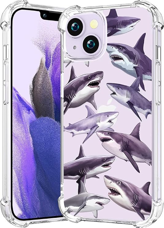 Compatible with iPhone 14 Plus Case Clear Cute for Women - Rugged Phone Cases Funda Protector Cover Skin (Blue Cool Fierce Sharks)