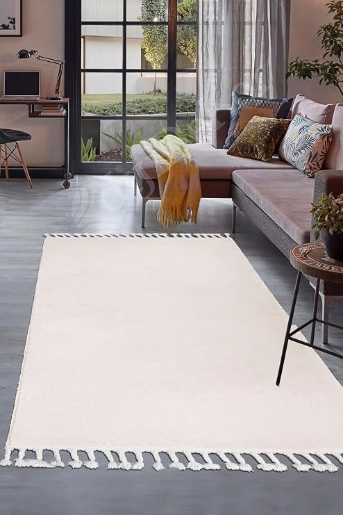 Peluş Halı Krem Cool Düz Desenli Saçaklı Kesme Post Yolluk Kilim Salon Halısı Modelleri, KREM-SAÇAKLI, 120x400
