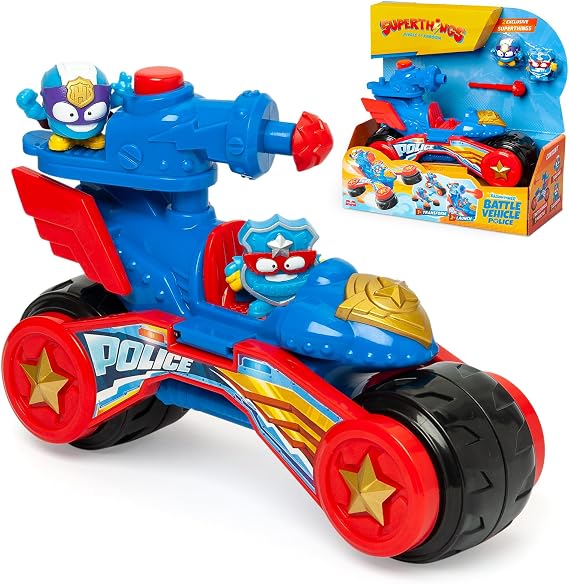 SUPERTHINGS KAZOOM POWER – Battle Vehicle Police. Hero battle vehicle from the animated series Superthings Kazoom Power. Includes 1 Battle Vehicle, 2 Exclusive Superthings, and 1 Projectile