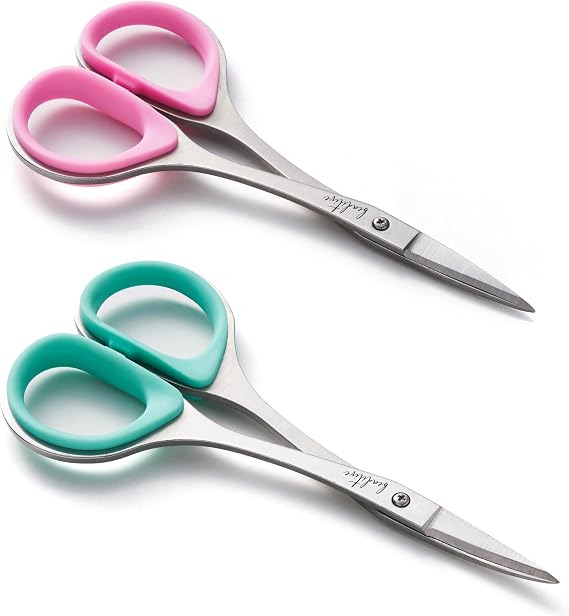 Beaditive Sewing and Embroidery Scissors Set (2 Pc.) Curved and Straight, Sharp, Stainless-Steel Design | Precision Tips, Ergonomic Rubber Handle Grip | Small, Compact DIY Use (1 Curved, 1 Straight)