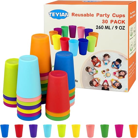 30 Pack Tumblers 260ml Reusable Plastic Cups Drinking Tumblers Durable Plastic Tumbler Set for Kitchen Outdoor Party Picnics Camping BBQ -10 Colour