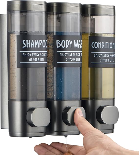 GlintGath 3 Chamber Wall Mounted Shampoo and Soap Dispenser for Shower, No Drill, 3 * 300ML, Gun Gray