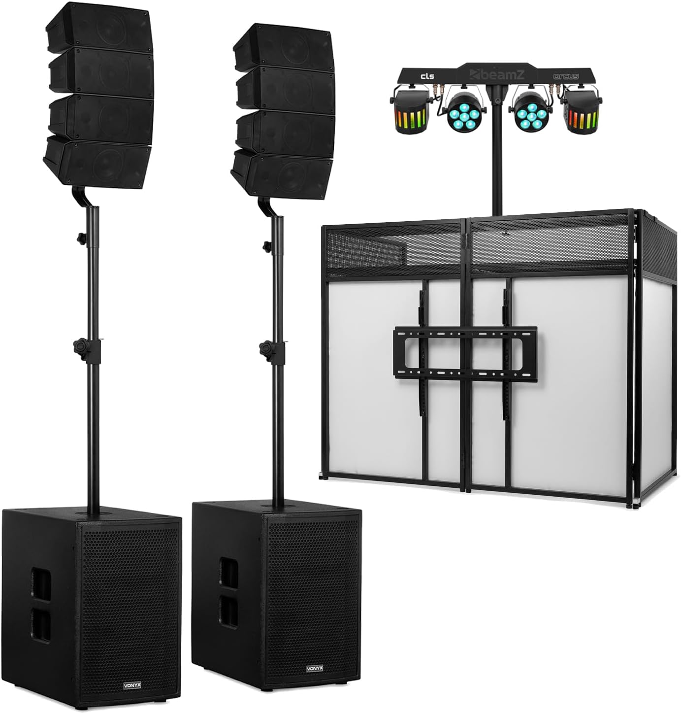 VONYX Line Array PA System DJ Package with DJ Booth and Light Bar, 1600W Active Passive Speaker System, Bluetooth USB DSP, Mobile DJ Setup for Events, Churches and Venues