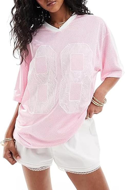 SANSIWU Shirts for Women Y2k Oversized Number Graphic V Neck Short Sleeve Jersey T-Shirt Vintage 90S Streetwear