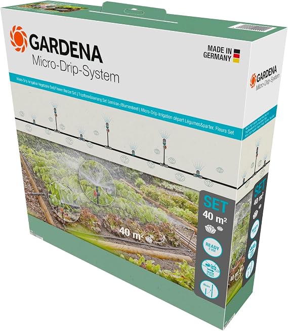 Gardena Micro-Drip-System Drip Irrigation Set Vegetable/Flower Bed (40 m²): Starter set, ready to use, water-saving irrigation system, simple & flexible connection technology (13450-20)