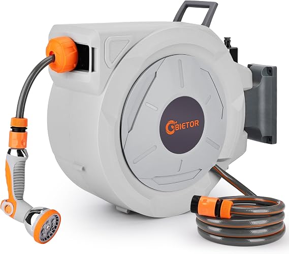 Retractable Garden Hose Reel 30m+2m, Wall Mounted Hose Reel,Heavy Duty Hose Pipe Reel with 10 Pattern Hose Nozzle, Auto Lock and Auto Rewind, Lock at Any Length,180°Swivel Bracket