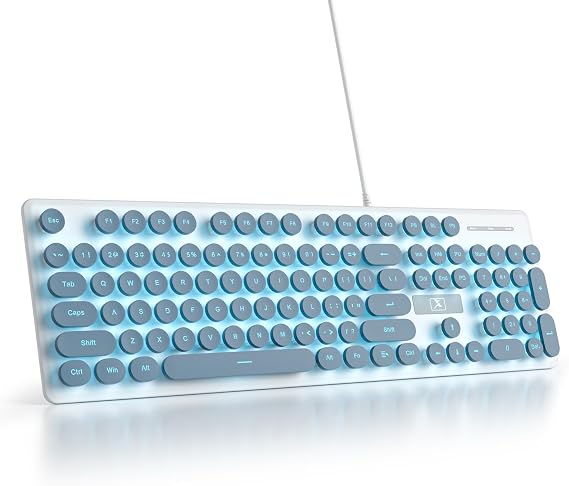 SOLIDEE Membrane Keyboard 100%,Punk Typewriter Full Size 104 Keys,Typewriter Retro Round Keycaps,LED Backlit Slim Keyboard with Wired Cable for PC/Win/Mac/Laptop(US Layout QWERTY)(V300 Blue)