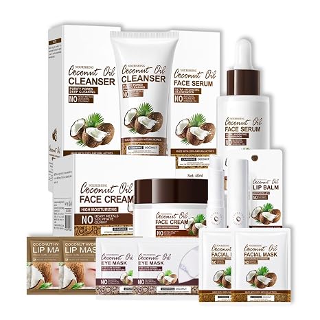 Coconut Oil Skincare Set Korean Skincare with Face Mask Niacinamide Serum Face Wash Face Care Moisturising Cream & Lip Balm - Moisturising Gift Set for Women and Men (10 Pieces)