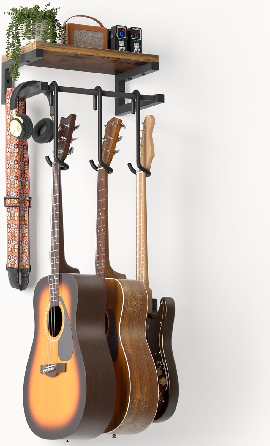 Guitar Wall Mount, 3 Guitar Wall Hanger with Large Shelf, Multifunctional Wall Stand Bracket Hooks Easy Install for Electric Guitar Bass Acoustic Ukulele Violin Mandolin Single-Sided