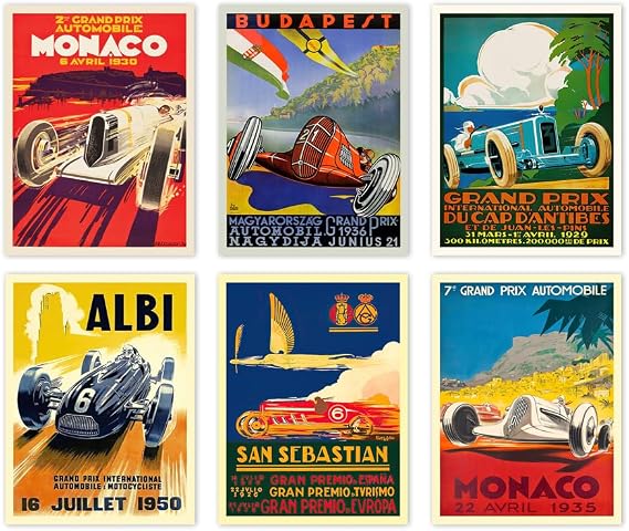 Wallbuddy Set of 6 Car Grand Prix Posters - Formula, Motor Racing (8 x 10)