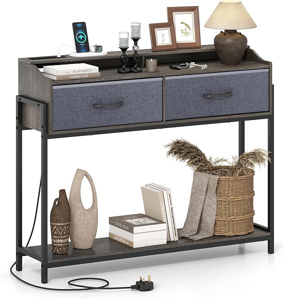 COSTWAY 110cm Console Table with Charging Station, 2 Drawers (Grey)