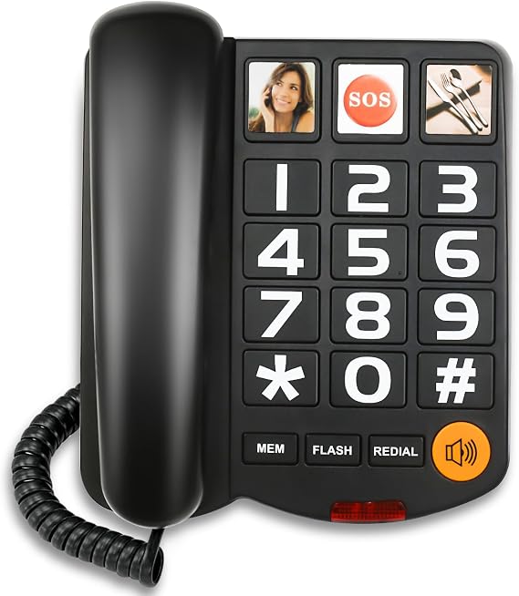 Big Button and Picture Landline Phones for Elderly Corded Landline Telephone With Adjustable Volume Loud for Hard of Hearing Speed Dialing Dementia Phone, Black