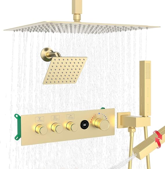 Temperature-Display Shower System Set - 16"+6" Rain Shower Heads & 2 Mode Handheld Shower, Shower Faucet Set with Brass Push-Button Mixer Valve, All Functions Can Run Simultaneously, Brushed Gold