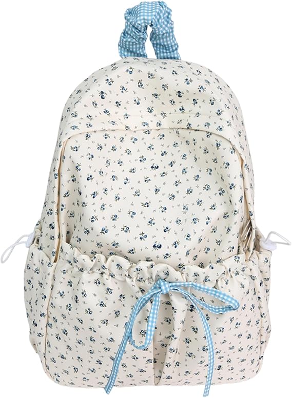 Cute Aesthetic Bow Backpack for Women Kawaii Floral Print Preppy College Book Bag Trendy Coquette Laptop Daypack