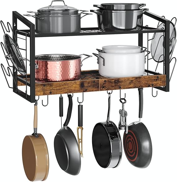 CHOEZON Hanging Pot Rack, Pot Rack Wall Mounted, 2-Tier Kitchen Pots and Lids Organizer, Wall-Mounted Pots and Pans Organizer with 12 Hooks, for Kitchen Storage of Boilers, Pans, Rustic Brown DTPR02BF