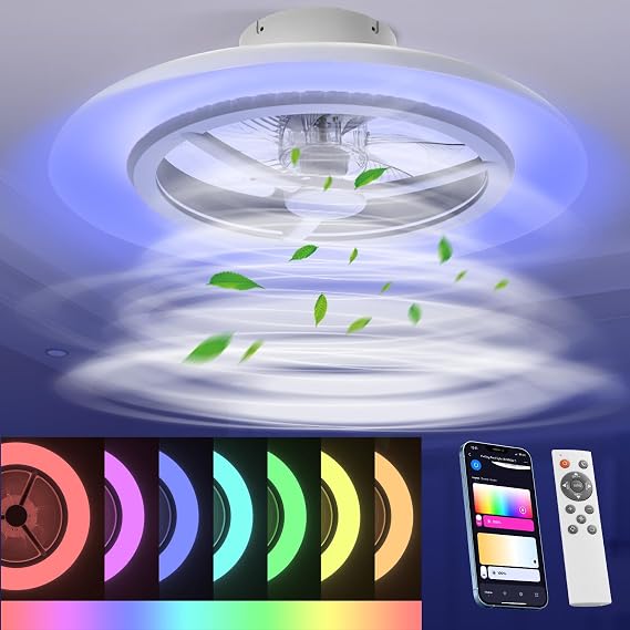 55 cm Smart LED Ceiling Light with Fan, Ceiling Fan Lights Without Lampshade, Wind Speeds Adjustable, Stepless Dimming Light, RGB dimming, Modern Fan Lighting, 3000-5500K [Energy Class F] [Energy Class F]