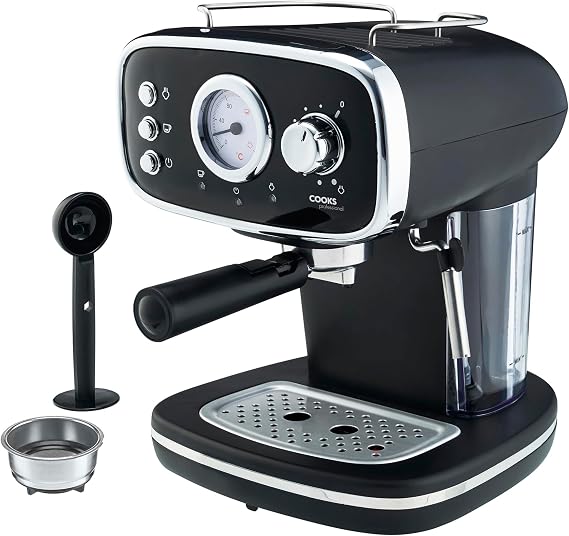 Cooks Professional 15-Bar Retro Espresso Coffee Machine with Frothing Steam Wand, Built-In Temperature Gauge, 1.2L Water Tank & Stainless Steel Drip Tray | Black