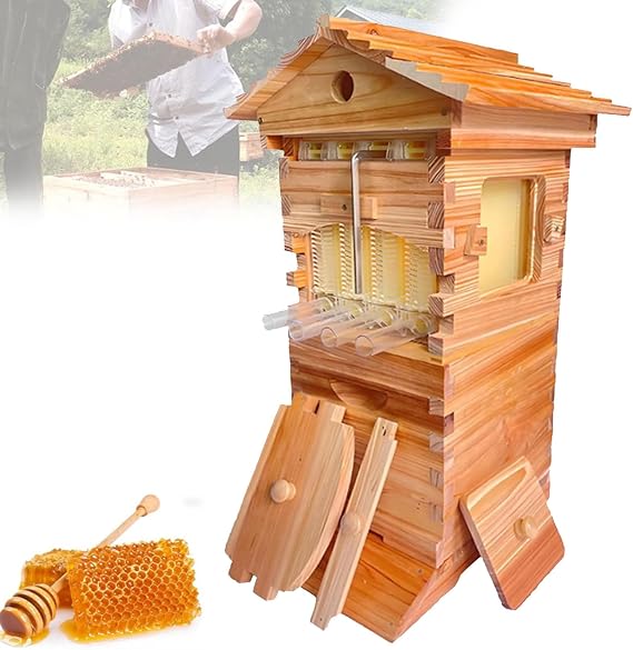 Bee Hives Boxes Starter Kit, Self-Flowing Honey Beehive Wooden Box with Observation Chamber and Spout, Automatic Honey Harvesting System for Easy Backyard Beekeeping