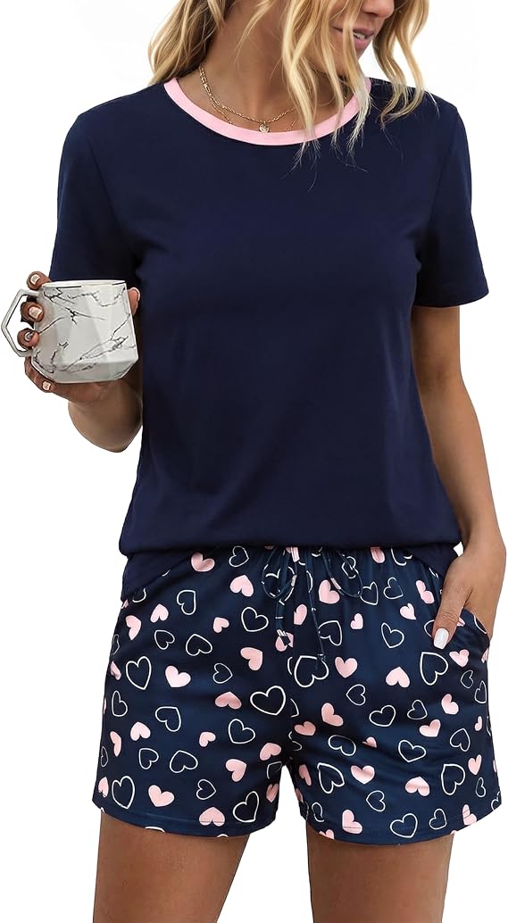 Litherday Womens Pyjamas Set Short Sleeve Cotton Summer Pjs for Women Nightwear Sleepwear Top and Heart Print Bottoms with Pockets