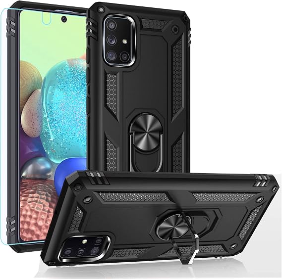 Samsung Galaxy A71 5Gケース、ミリタリーグレードの高耐久保護電話ケースカバー HDスクリーンプロテクター付き磁気リングキックスタンド Galaxy A71 5G用 ブラック