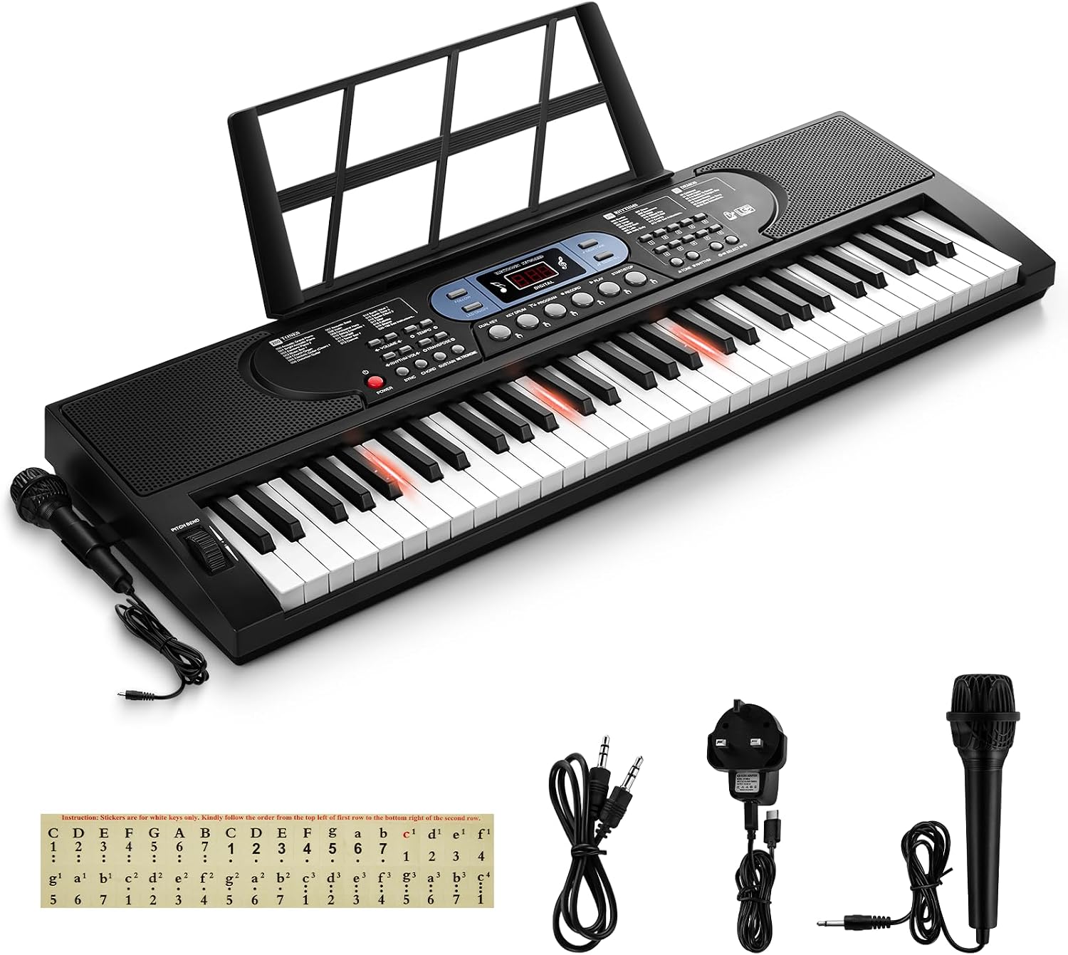 INMOZATA 61 Key Electronic Keyboard Piano, Musical Keyboard for Beginner, Light Up Keyboard Piano with Microphone Piano Note Sticker, Black