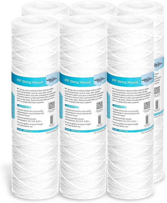 Membrane Solutions Replacement Filters, Anti-Sediment Wound Filter Cartridges, 20 Micron Standard Size 10" x 2.5", Universal Whole House Filtration System, Pack of 6