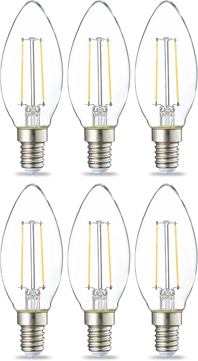 Amazon Basics LED E14 Small Edison Screw Candle Bulb, 2.1W (Equivalent to 25W), Clear Filament, Non Dimmable, Pack of 6, Warm White [Energy Class E]